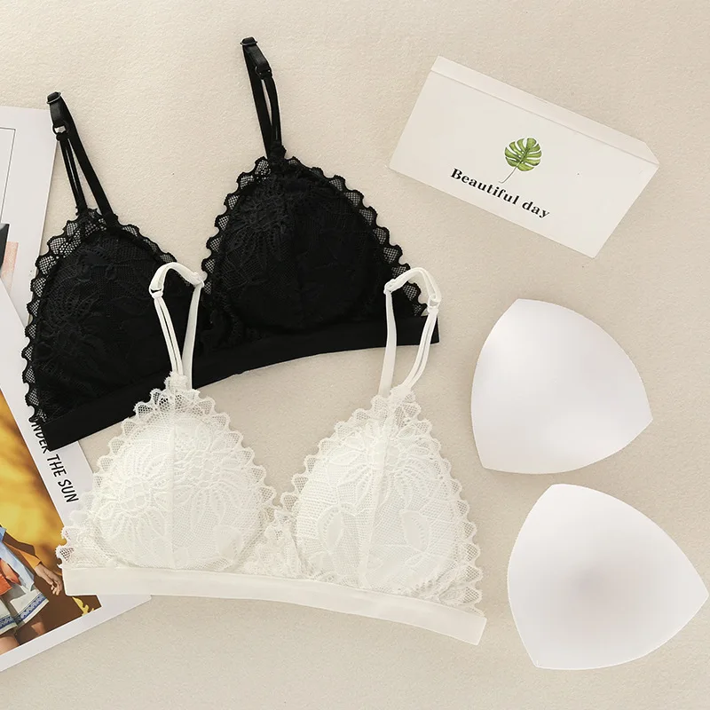 

Lace no steel ring French bra detachable triangle cup ladies underwear adjustable girl tube top