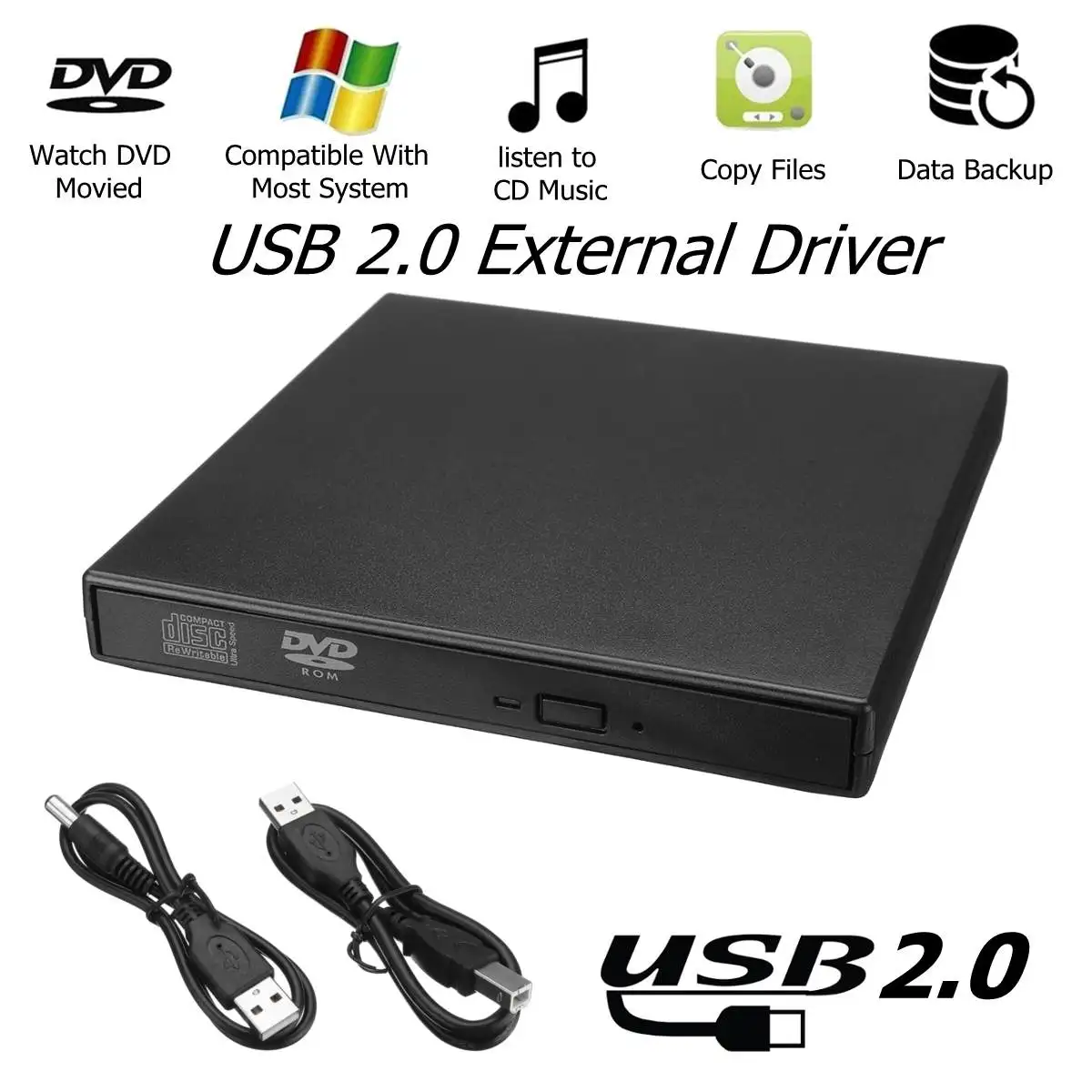 

External USB2.0 RW CD Writer Slim Drive Burner DVD Reader Player Optical Drives For PC Laptop