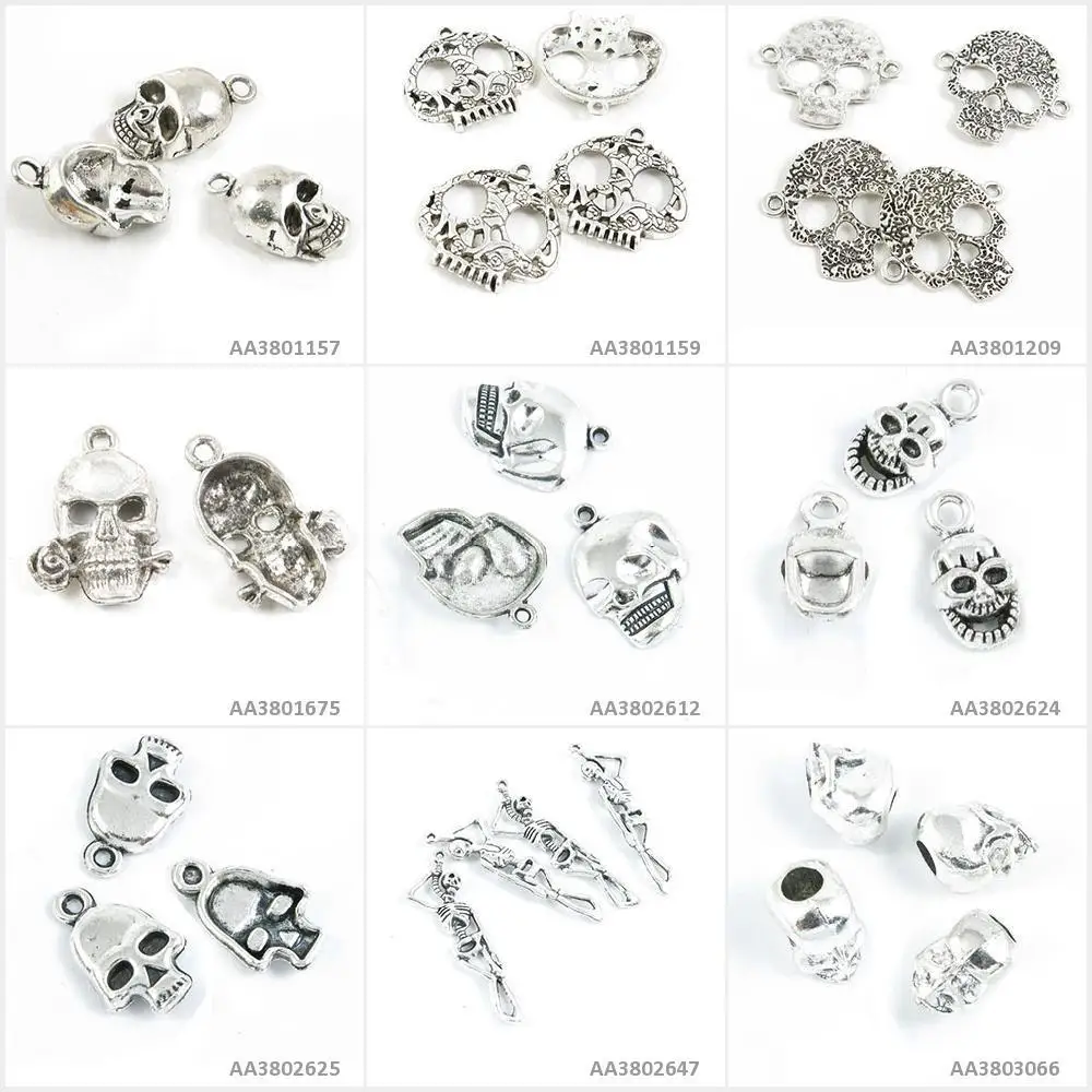 

Antique Silver Tone Jewelry Making Charms Skull Loose Beads Hanged Skeleton Head Rose Connector Bracelet Pendant Necklace