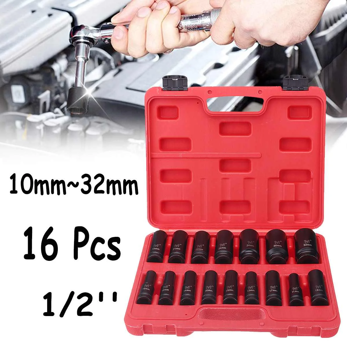 

16pcs 1/2 Inch 10-32mm Chrome Vanadium Metric Drive Deep Air Impact Socket Wrench Tool With Box
