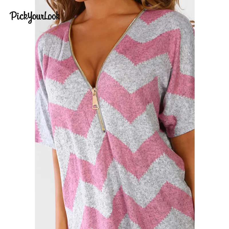 

Pickyourlook Women'S Blouse Summer Half Short Sleeve Casual Female Top And Blouses V Neck Zipper Striped Ladies Clothing Shirt