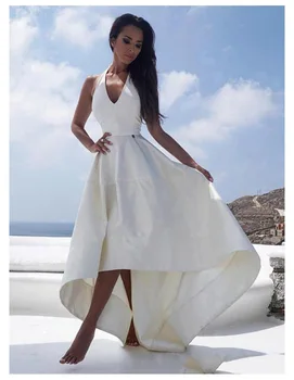 High-low Wedding Dress 2019 Simple A Line Satin Bridal Dress Halter Neck Sexy Romantic High Low Wedding Gowns halter neck overlap high low hem dress