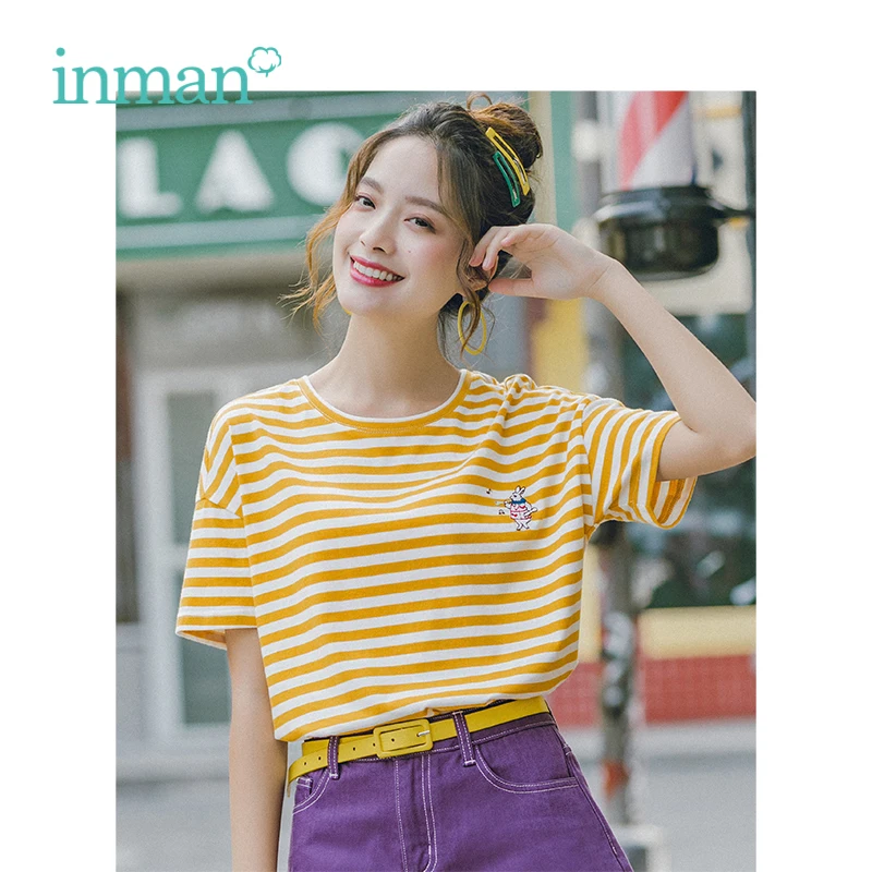

INMAN 2019 Summer New Arrival Cotton O-neck Striped Embroidery All Matched Literary Women T-shirt