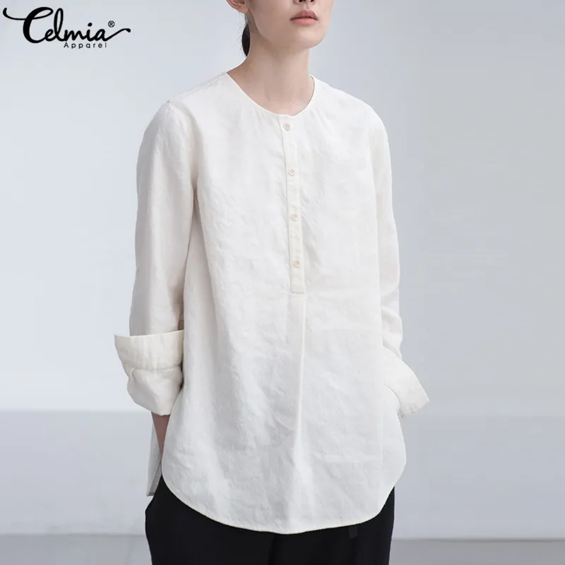 

Celmia Women Vintage Linen Blouse Plus Size Tops 2019 Spring Long Sleeve Shirts Asymmetric Casual Buttons Loose Blusas Femininas