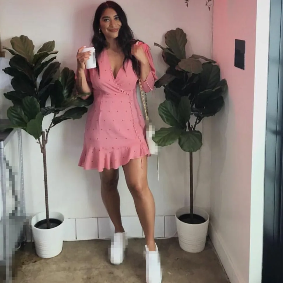 

Vintage Ruffles Mini Dress Women Dress Sexy V Neck Pink Polka Dot Dress Elegant Button Party Dresses