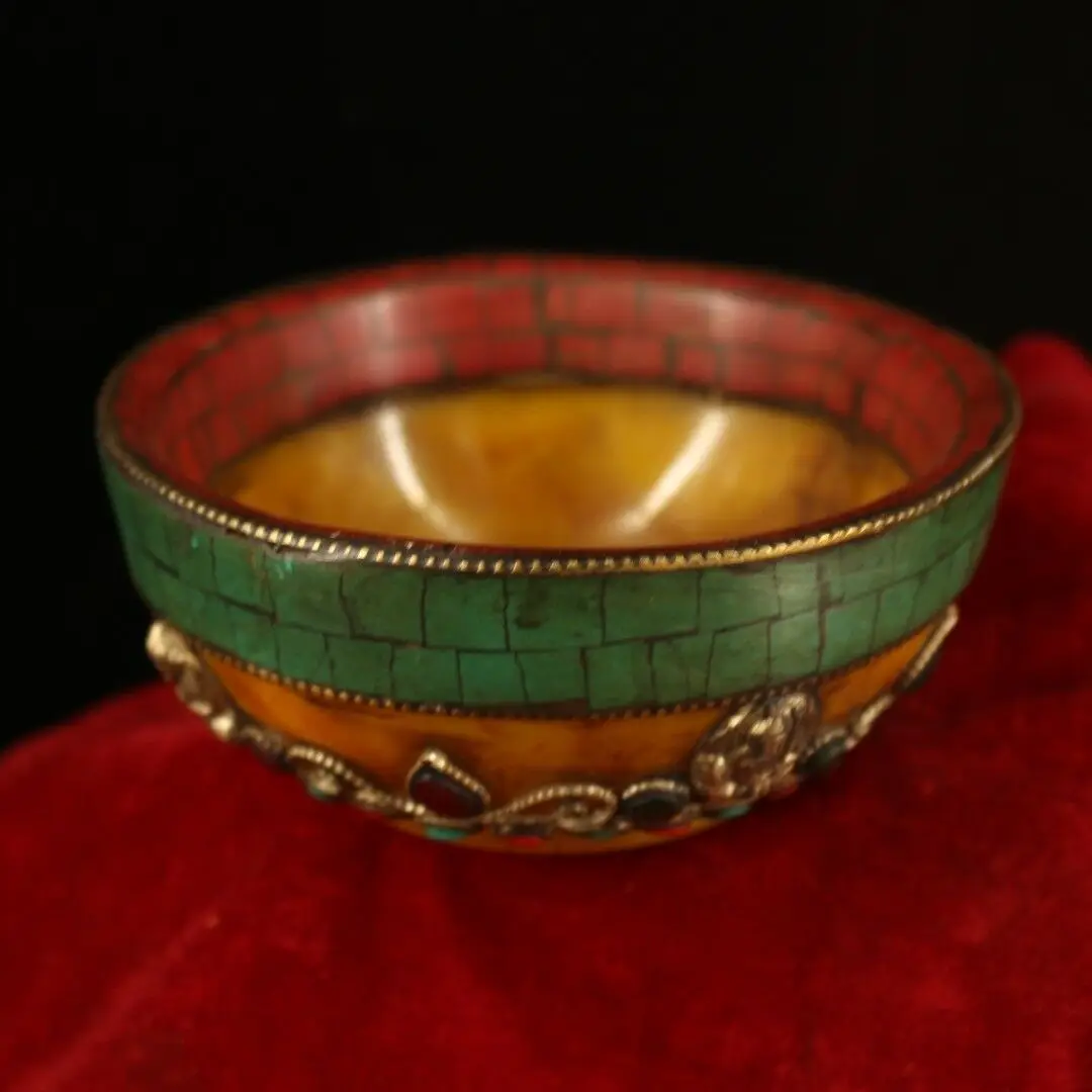 

Chinese Tibet Beeswax handmade Gem inlay wire inlay Butter bowl