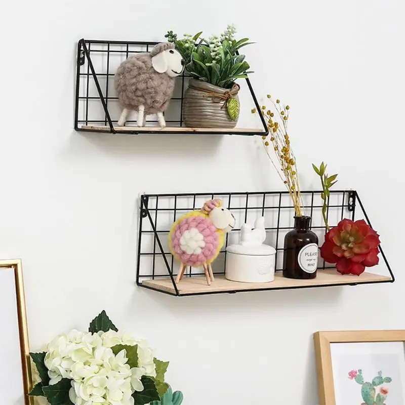 خشبية الحديد رف جدار الحائط تخزين الرف منظمة جدار رف معلق حامل مُنظِم DIY الجدار الديكور حامل