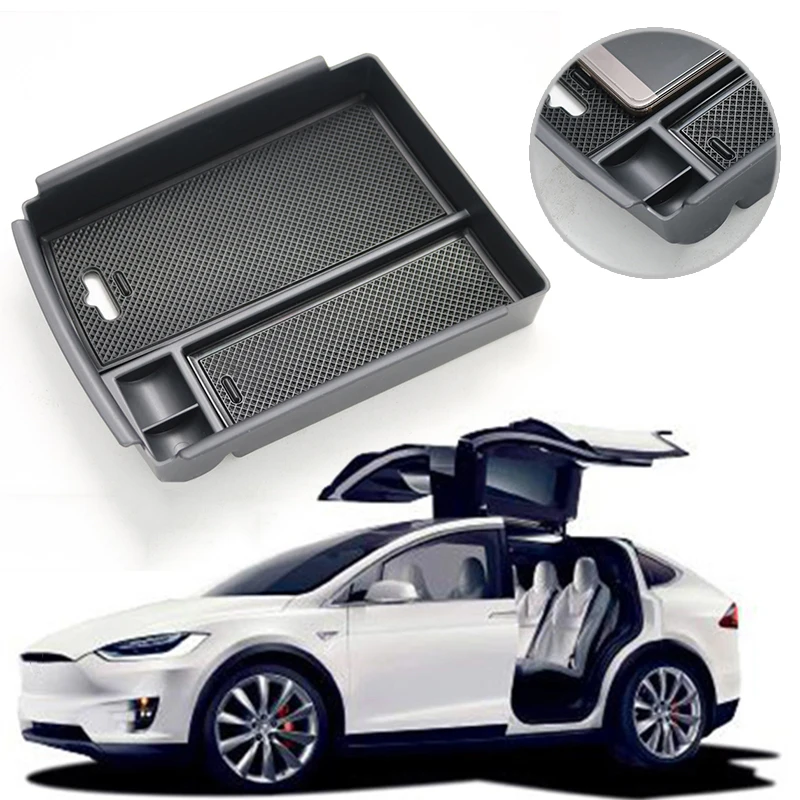 

Car Accessories ABS Non-Slip Mat Center Armrest Storage Box With holes Glove Box Storage Box For Tesla Model X 2016- 2018