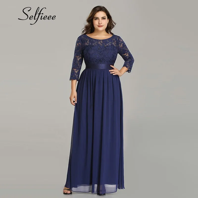 

Navy Blue Women Dress 2019 New Arrival Elegant A Line O Neck Three Quarter Sleeve Lace Party Dress Robe Femme Long Chiffon Dress