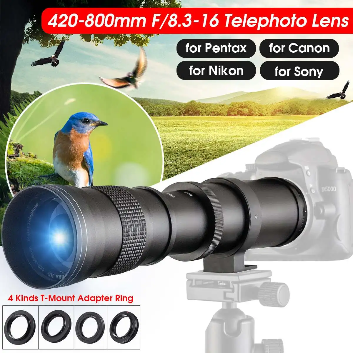 420-800mm F/8.3-16 Super Telephoto Lens Manual Zoom Lens for Canon for Nikon /Sony/Pentax DSLR SLR Camera