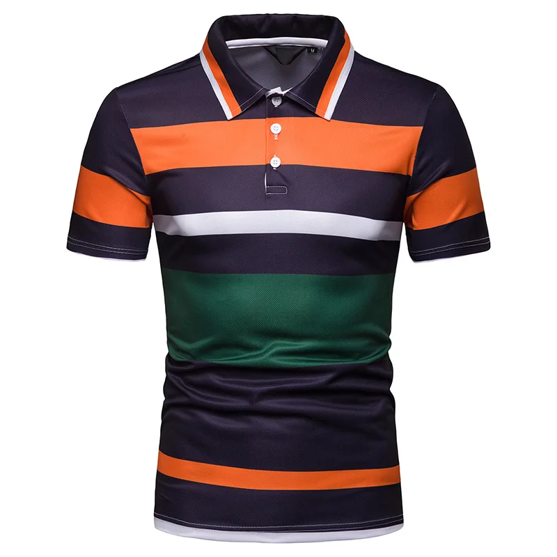 

2019 Free Shipping New Summer Men's Short Sleeve Polo Shirt Male Contrast Color Stripe Print Slim Lapel Casual Mens Polo Shirt