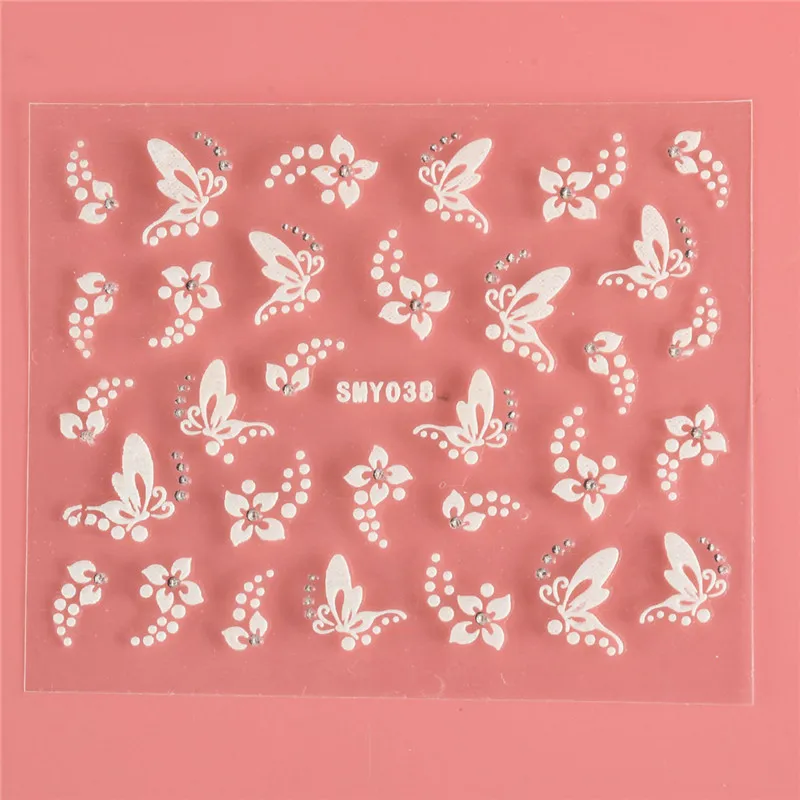 

NEW 1 Sheet 3D Cute Nail Stickers Decals White Sliver Flowers Butterfly Rhinestone Nail Art Decorations Stickers