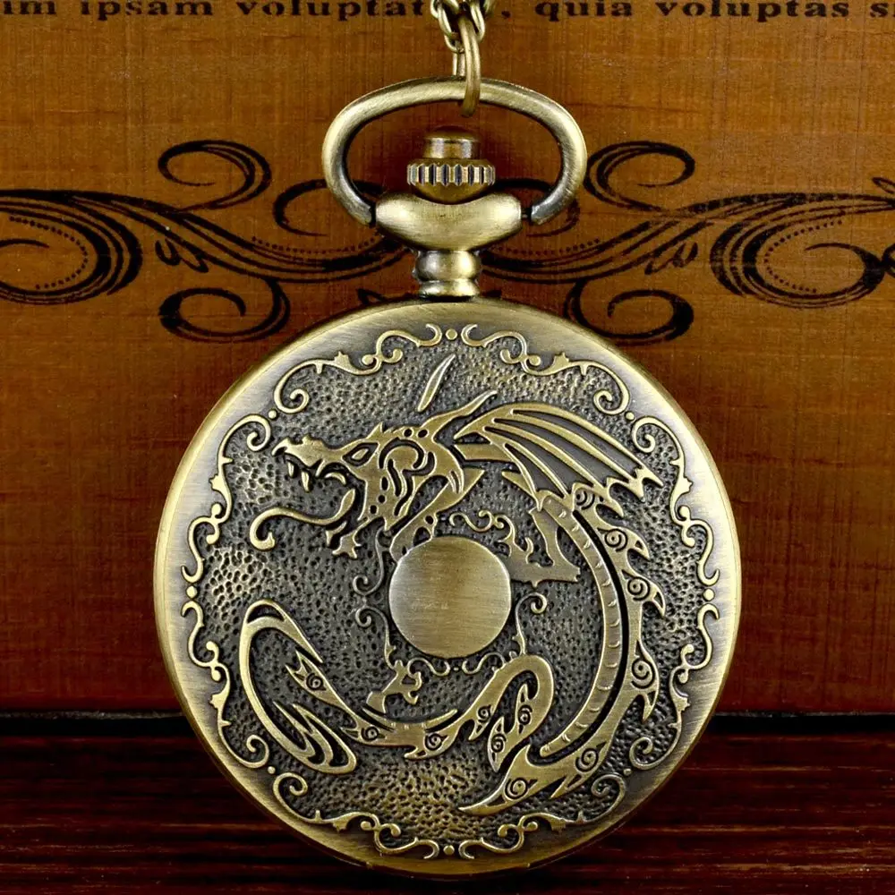 

Retro Bronze Dragon Quartz Pocket Watch Chains Antique Men Pendant Necklace Clock Gift