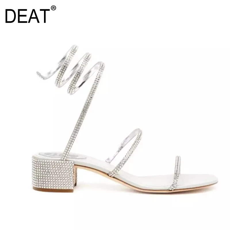 

[DEAT] 2019 New Spring Summer Round Toe Pu Leather Crystal Narrow Band Simple High Heels Sandals Women Fashion Tide 10SJ912