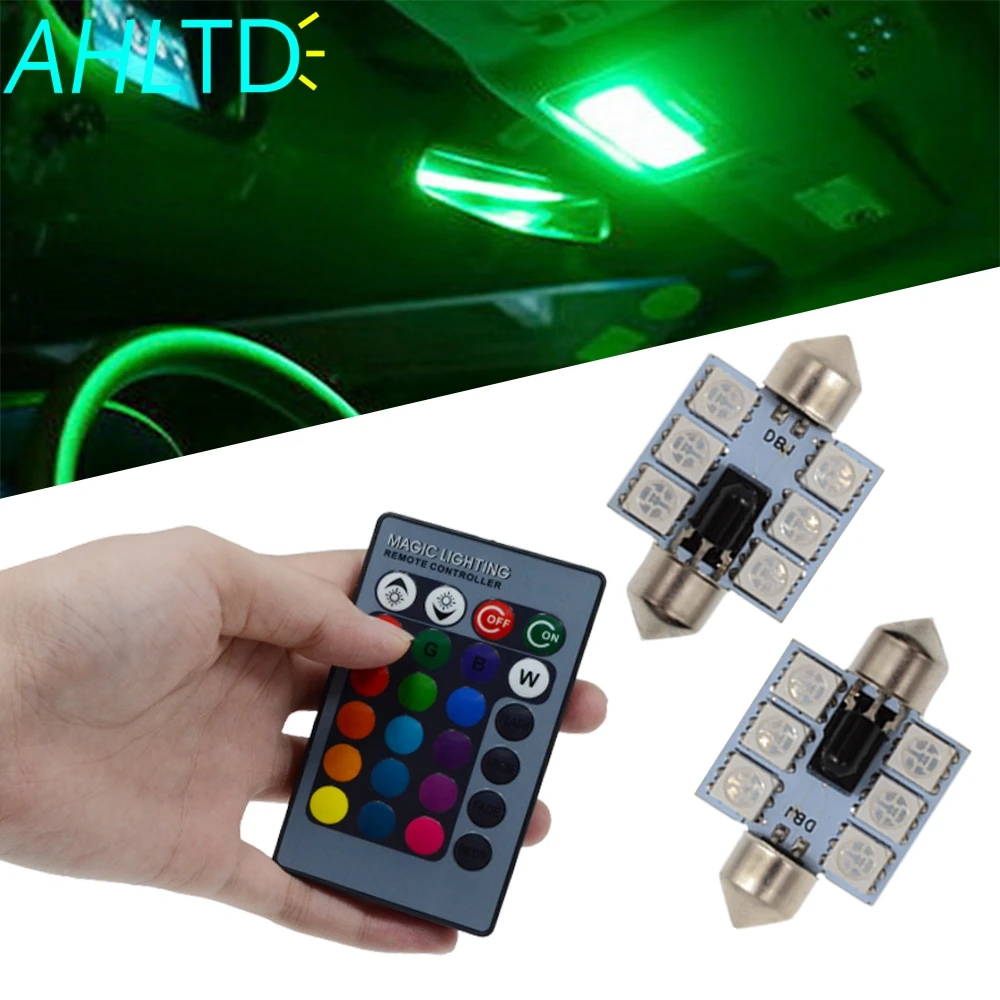 

2Pcs RGB DC 12V c5w 36mm 5050 6SMD Festoon Dome Light Car Led Mobile Remote Controlled Car Roof Atmosphere Bulbs