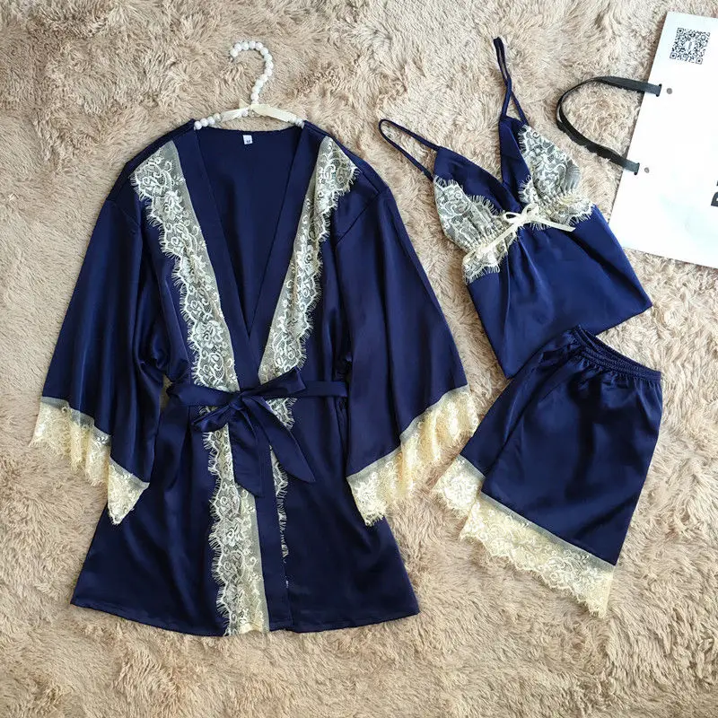 Women Sexy Silk 3Pcs Pajamas Sets Shorts Tops Pullover Solid Color Lace V Neck Sleepwear Satin Nightwear Lingerie Suit | Женская одежда