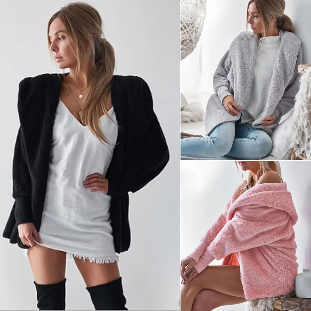 

2018 New Arrival Loose Lamb Wool Cardigan Solid Color Hooded Long Fashion Coat Knitted Sleeve Stitching Warm Jacket