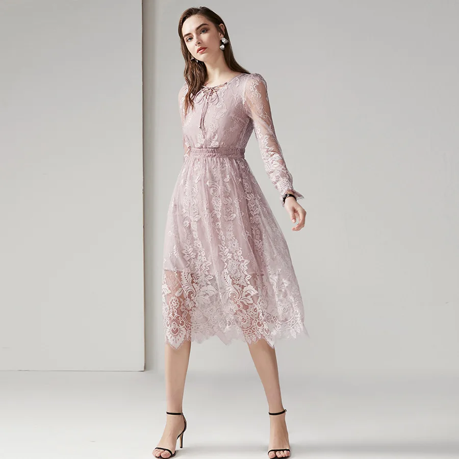 

Dress woman long sleeve 2019 Spring and summer sweet exceed celestial fower hollow out waist overknee length lace dress 9925