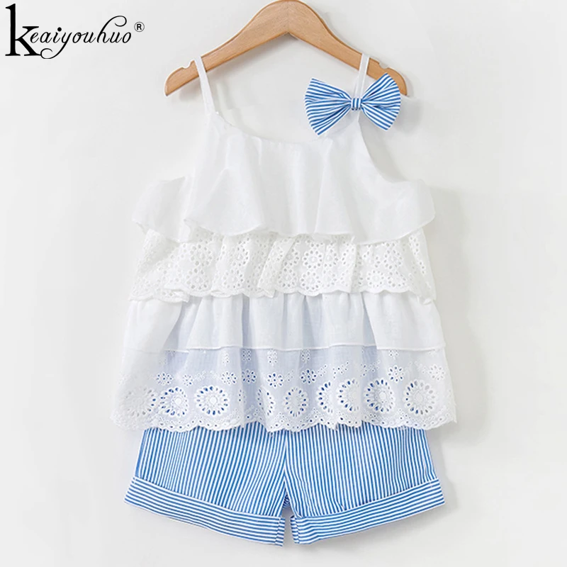 

New Toddler Girl Clothes Summer Costumes Kids Clothes Sets Hollow Bow Vest+Shorts 2Pcs Suit For 3-7 Years Children Clothing Set