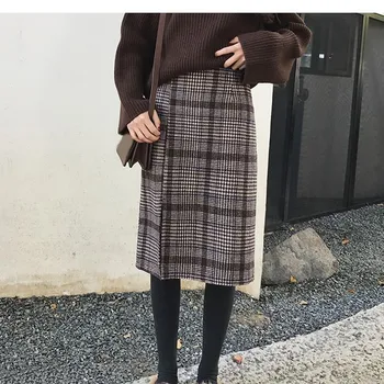 

Spring Woman Midi Skirts Empire Vintage Lattice Plaid Skirt High Waist Slim Bodycon Skirt
