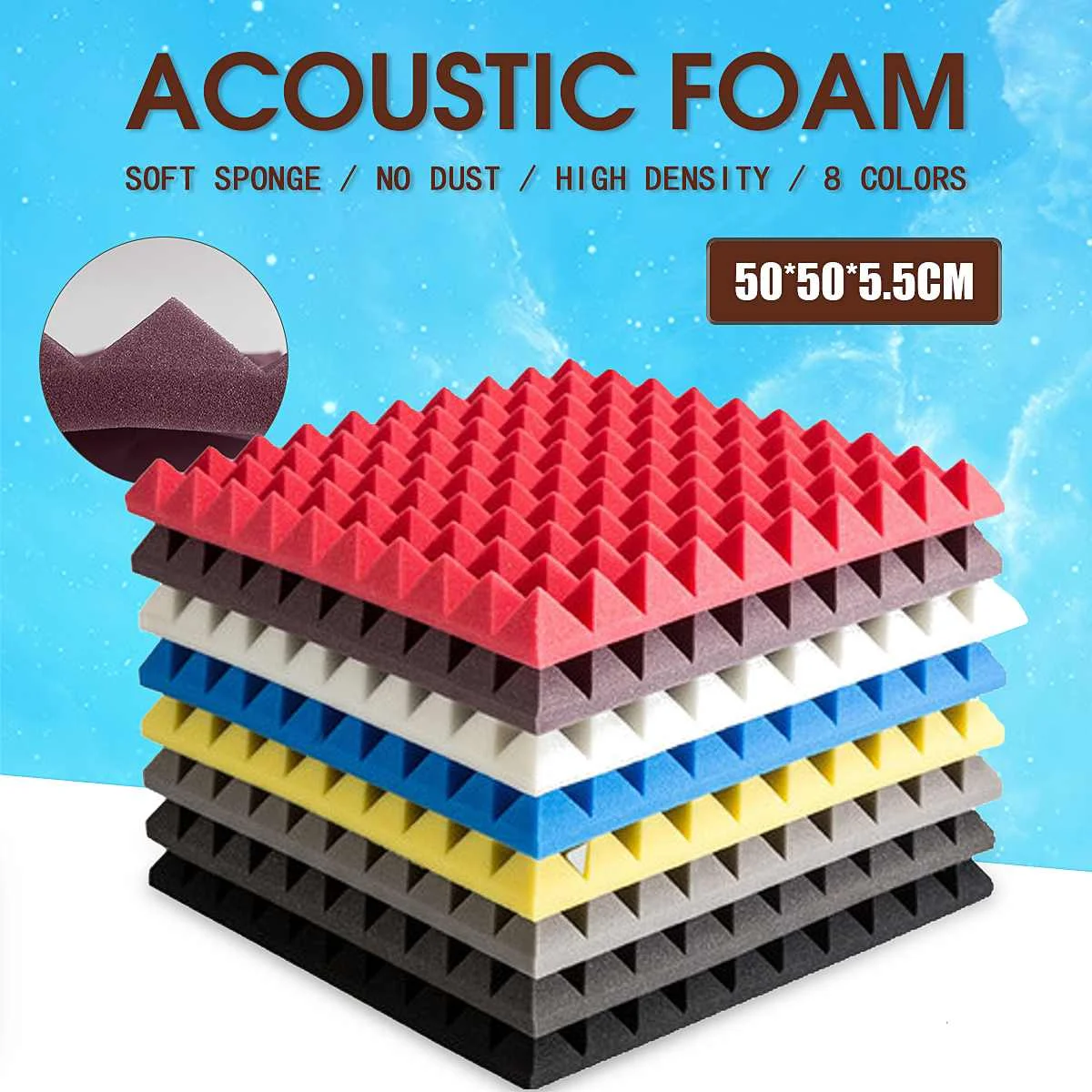 

SENRHY 500x500x55mmPyramid Flame Retardant Soundproofing Foam Studio Acoustic Sound Treatment Absorption Wedge Tile