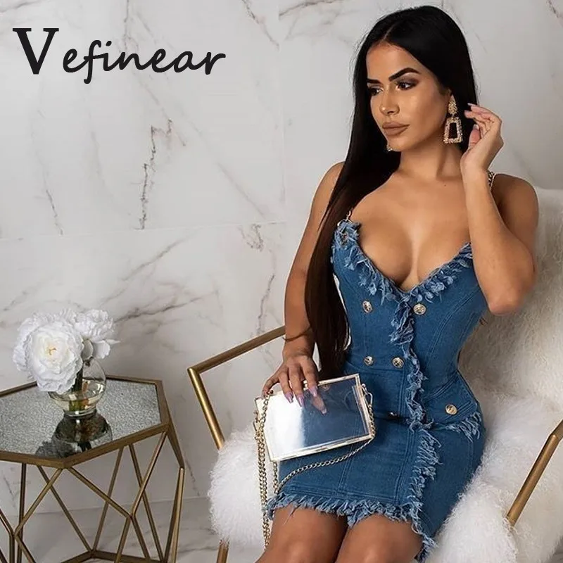 

New Denim Dress Women Chain Spaghetti Strap Dress Zipper Sexy Slim Mini Bodycon Dresses Blue Button Vestido De Festa