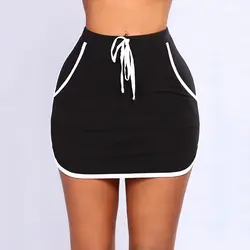 Для женщин Мода Лето 2019 г. короткие юбки для Drawstring клуб юбка-карандаш Saia Mujer эластичный пояс белый сбоку полосатый мини юбка