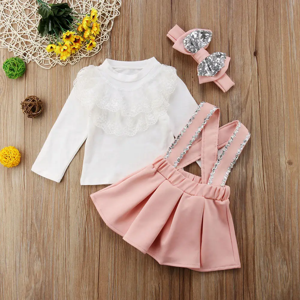 kid Casual Clothing Set Lace Cotton Blend 3Pcs Baby Toddler Girls Kids Overalls Skirt+Headband+Romper Clothes Outfits 1-6Y