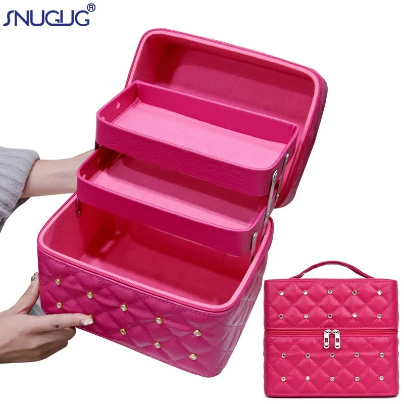 

SNUGUG Professional Multilayer Cosmetic Bag Box Diamond Lattice Women Make Up Bag Organizer Large Capacity Suitcase Cosmetic