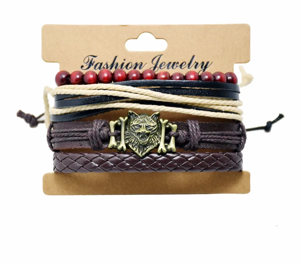 1 Set 4pcs leather bracelet wolf head Men's multi-layer bead bracelet women's retro casual bracelets set jewelry accessories 1 Set 4pcs leather bracelet wolf head Men's multi-layer bead bracelet women's retro casual bracelets set jewelry accessories