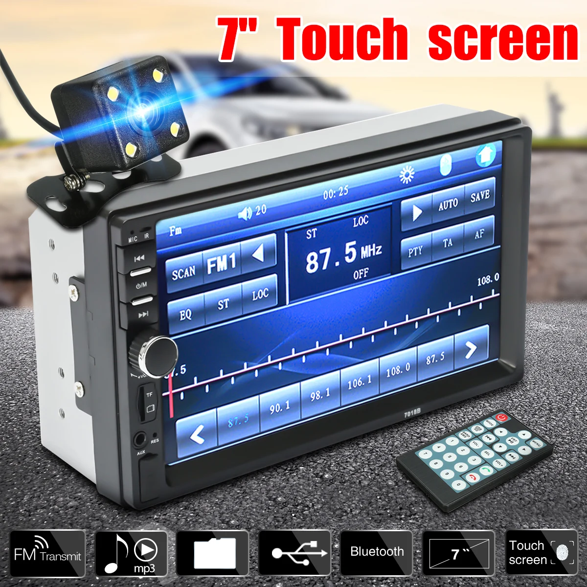 

7 HD Bluetooth Touch Screen 2 Din Car Stereo Radio FM AUX USB SD MP5 Player + Rear View Camera + Remote Controller