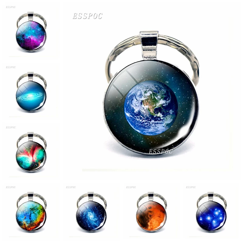 

Mars Earth Charming Galaxy Keychain Nebula Universe Outer Space Planets Glass Cabochon Key Chain Rings Pendant Women Men Gift