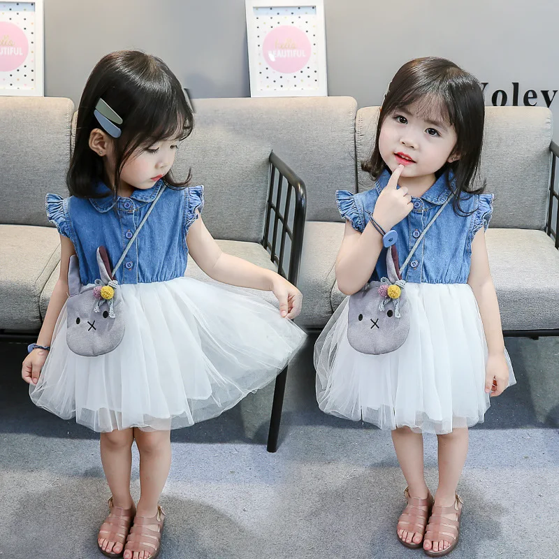 

2019 Summer Chinese Children's Wear Korean Jeans Sleeveless Lapel Knee Denim Girls Dress