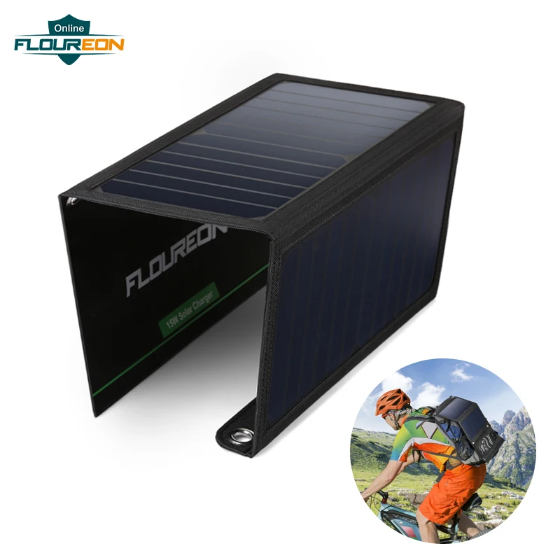 

FLOUREON 15W Solar Panel Cells Charger with 2 USB Phone Charging DC 5V/2.4A for Outdoors Phone Sun Energy External Battery Pack