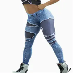 Для женщин для фитнеса, тонкие леггинсы сексуальная отверстие разрушенные повседневное выдалбливают джинсовые леггинсы плюс размеры XL