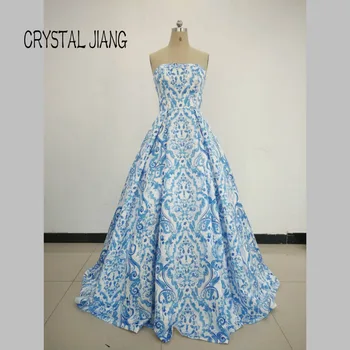 

New Fashion 2017 Strapless Ball Gown Floral Print Simple Design Sweep Train Formal Evening Dresses Real Pictures