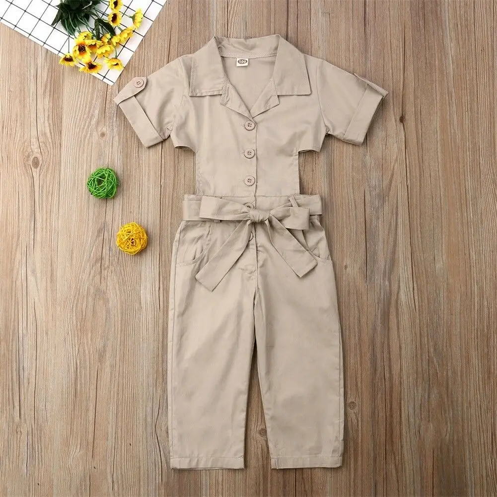 2-7Y Summer Fashion Infant Kids Baby Girls Romper Clothes Turn Down Collar Solid Sashes Belt Jumpsuits Clothes