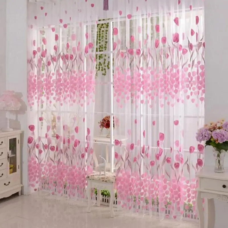 

Tulip Printed Tulle Window Curtains for Bedroom Living Room Sheer Drape Panel Home Decoration 200x100cm