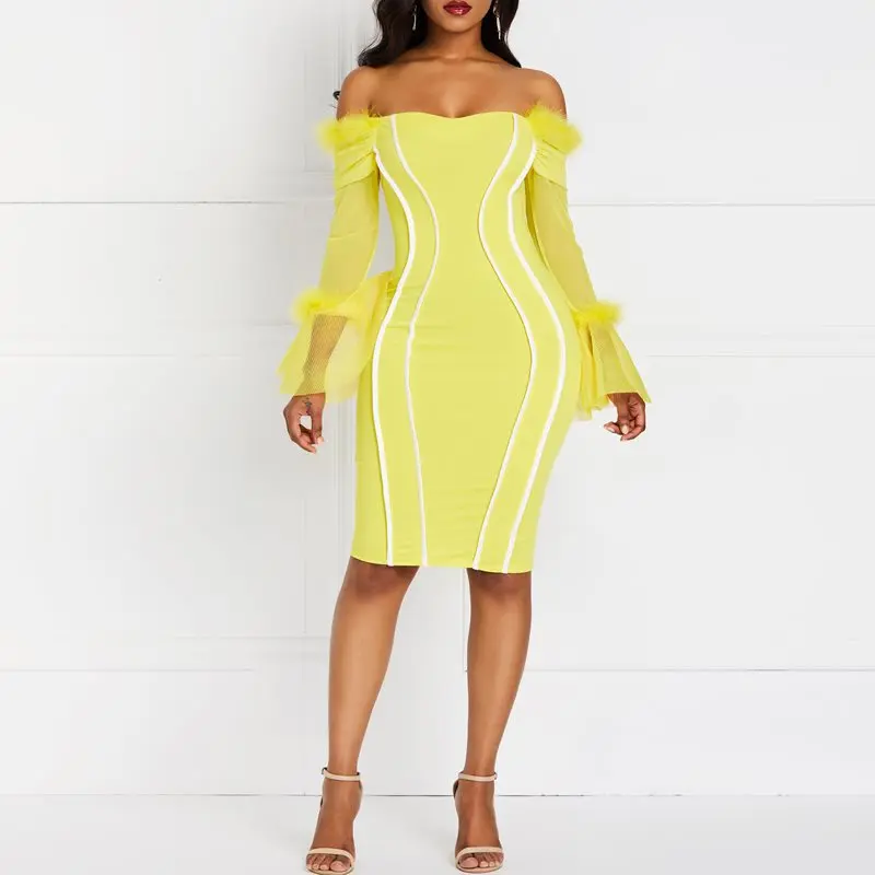 

Summer 2019 Party Sexy Bodycon Dress Women Stripe Fashion Feather Mesh Long Sleeve Slim Yellow Elegant Evening Backless Dresses