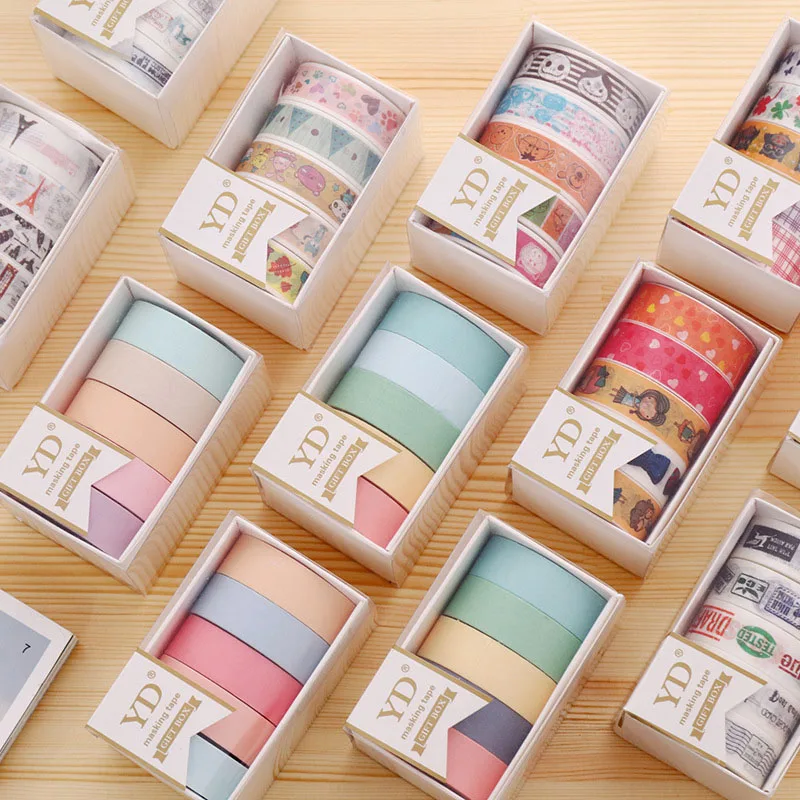 

5pcs/box Student Washi Tape Candy Color or Vintage Cartoon Print Adhesive Masking Tape DIY Decor Tapes For Kids Diary Scrapbook