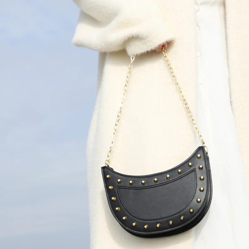 

[Super Seabob] 2019 Spring Summer Woman New Personality Black Color Spliced Rivet Double Straps PU Leather Messenger Bag LM341