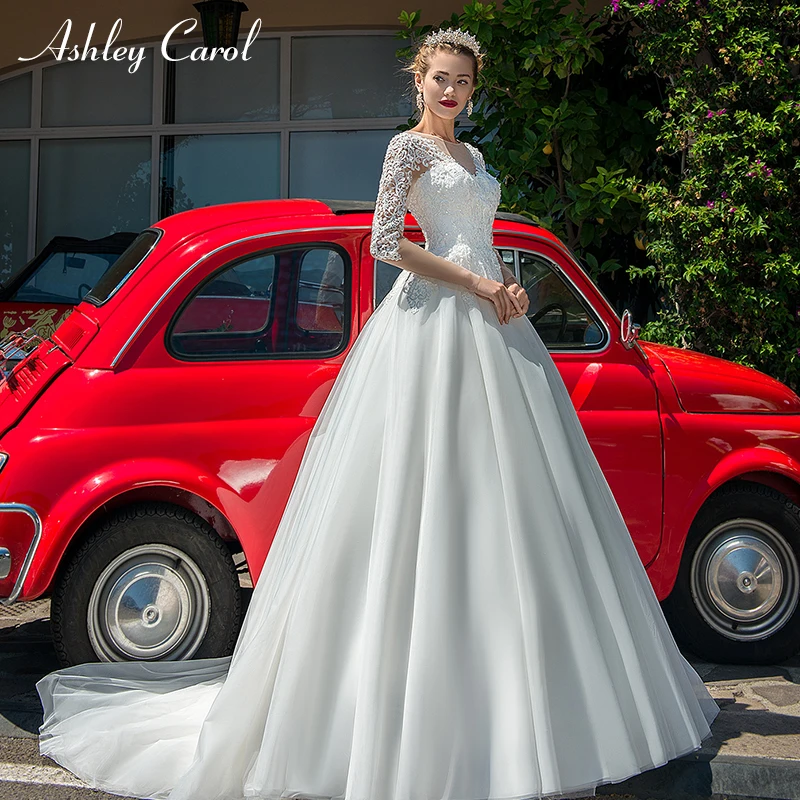 

Ashley Carol Vintage A-Line Wedding Dress 2019 New Glamorous Fashion Scoop Long Sleeve Court Train Bridal Gown Vestido de Noiva