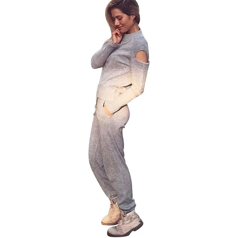 

Woolen Casual Knitting Suits Tops and Lace-up Pants 2 Piece Sets Long Hollow Out Sleeve Knit Sweater Tracksuit