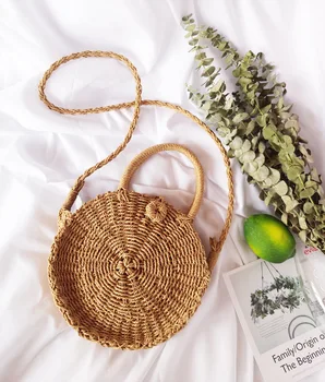 

Round Straw Beach Bags Vintage Handmade Woven Shoulder Bag Raffia Circle Rattan Bags Bohemian Summer Vacation Women Bags CJ491
