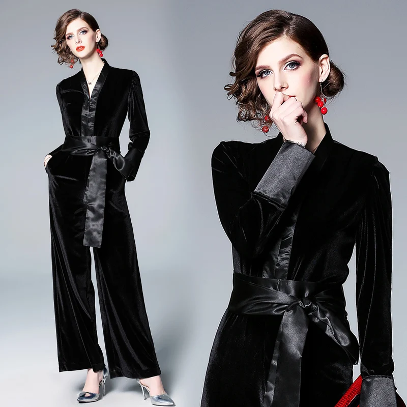 

2019 Playsuit Women Jumpsuit Long Sleeve Rompers Ladies OL velvet Sexy Club Party Jumpsuit Femme Bodycon long pants