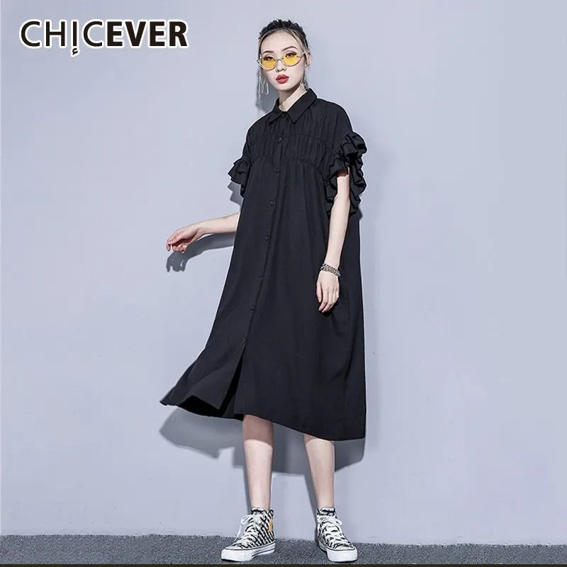 CHICEVER весеннее повседневное Черное женское платье с лацканами и бабочкой