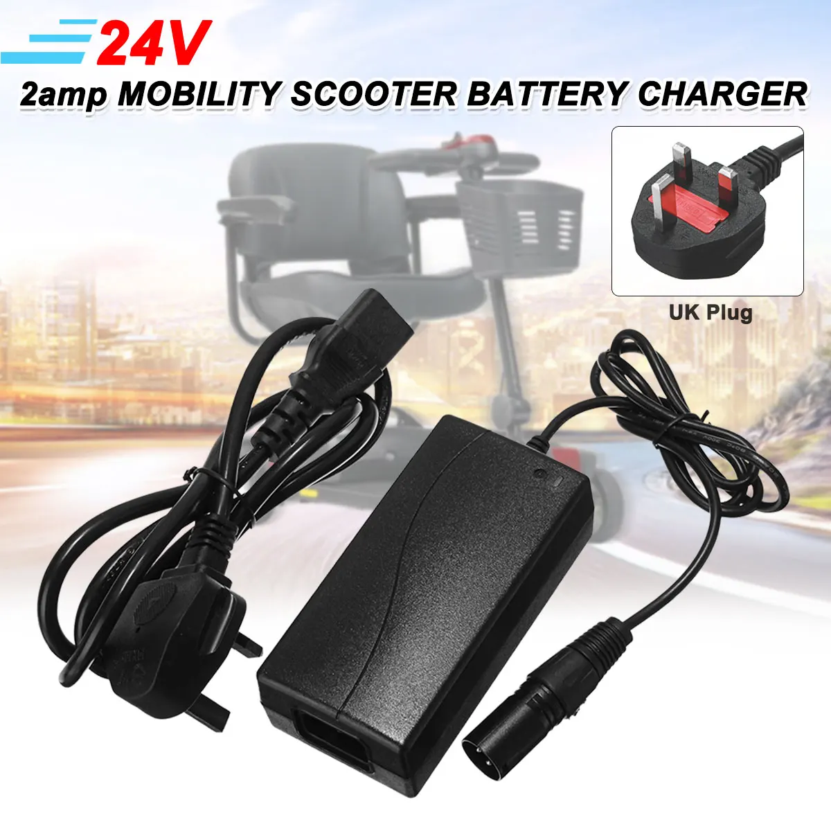 

24V 2A 2amp Quality Mobility Scooter Battery Electric Vehicl Charger Switching Power Supply Floating Charge Function UK Plug
