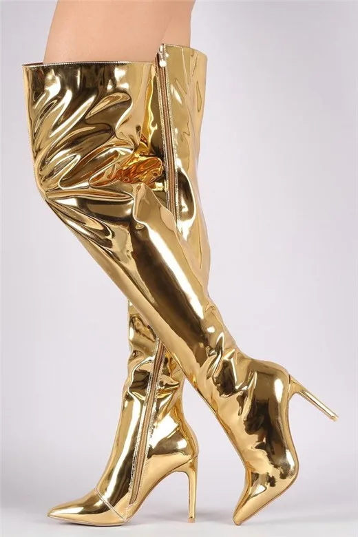Por Espejo Botas Silver Mujer De Tacón Zapatos Encima Cuero Sexy Rodilla Alto Muslo black gold Brillante Patente Gold La rose Performance 5wawWx8