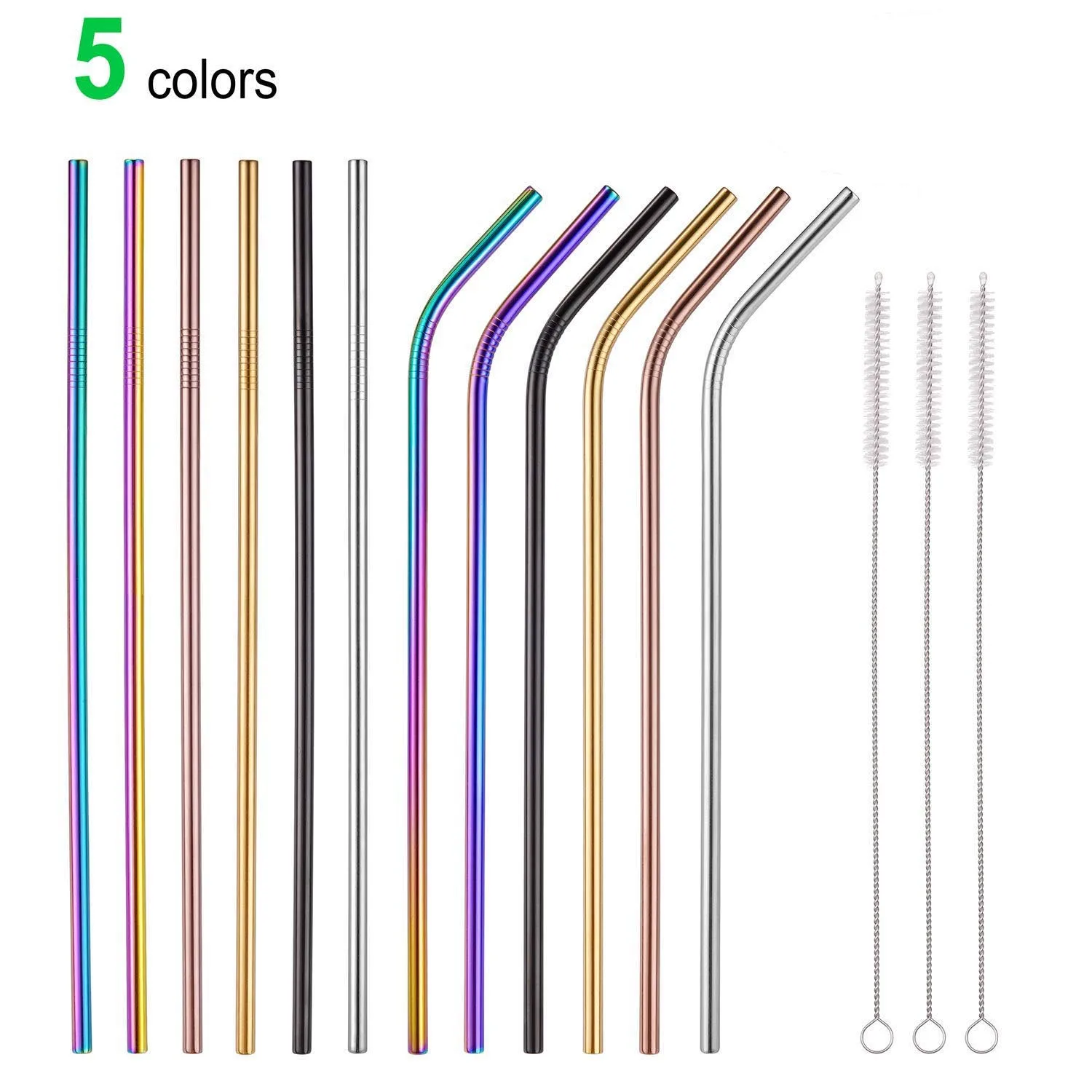 Hot Sale MultiColor stainless steel straw set of 12 extra long 10.5inch