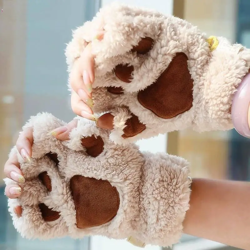 

Gloves 2019 New Womens Winter Cute Cat Claw Paw Thickening Plush Warm Mittens Short Half Finger Gloves